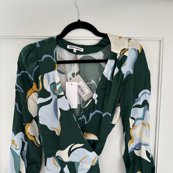 Reformation Chrisley Wrap Silk Mini Dress Lyra Green Floral V-Neck Long Sleeve - Picture 8 of 12